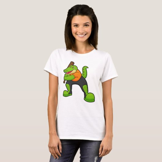 Krokodil op cricket met cricket bat t-shirt (Voorkant volledig)