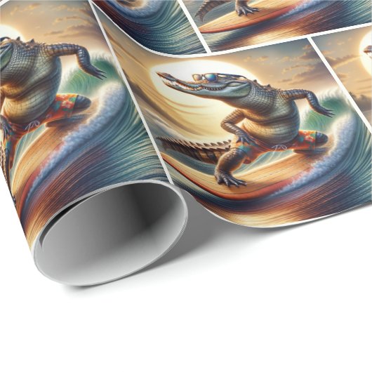 Krokodil op een surfplank cadeaupapier (Rol Hoek)