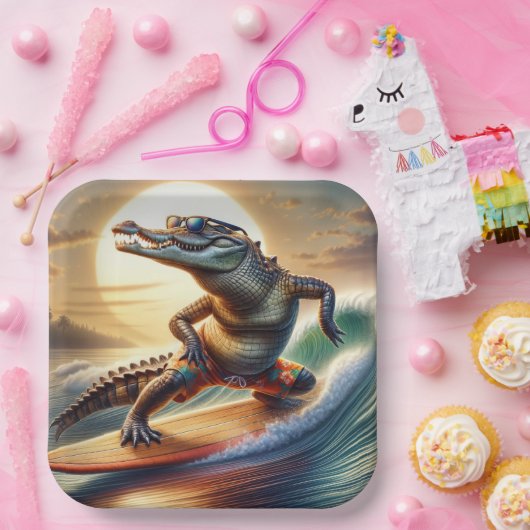 Krokodil op een surfplank papieren bordje (Feest)