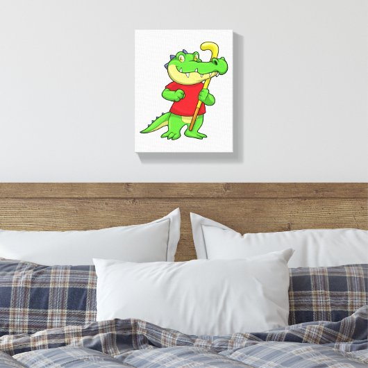 Krokodil op Veldhockey met stok Canvas Afdruk (Insitu (Slaapkamer))