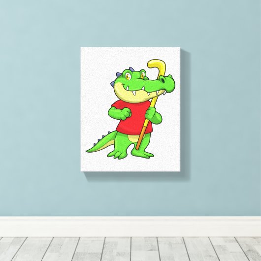 Krokodil op Veldhockey met stok Canvas Afdruk (Insitu (Houten vloer))