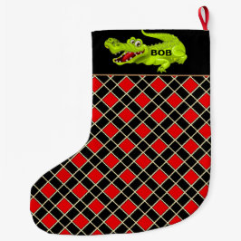Krokodil op zwart en rood diamantpatroon grote kerstsok
