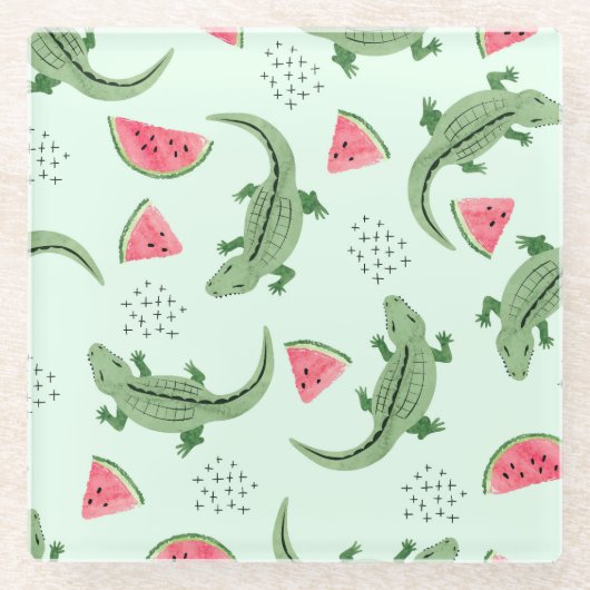 Krokodil Watermeloen, Abstract  Patroon. Glazen Onderzetter (Voorkant)