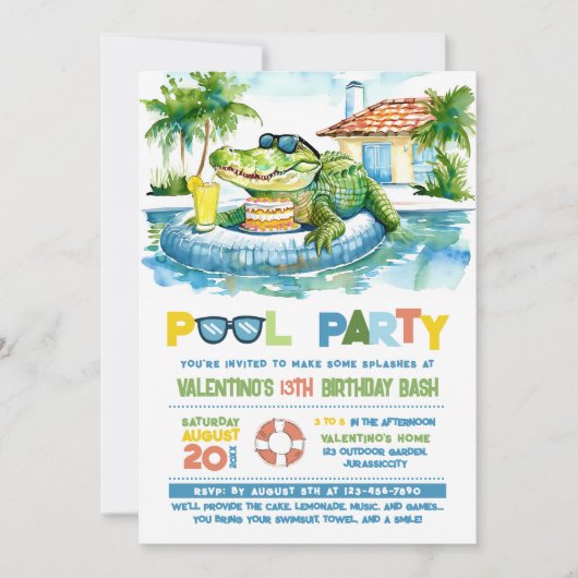 Krokodil Zwembad Party Verjaardag uitnodiging (Voorkant)