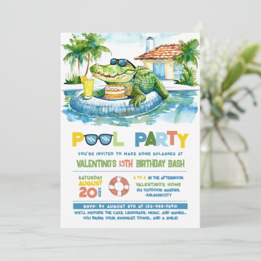 Krokodil Zwembad Party Verjaardag uitnodiging (Staand voorkant)