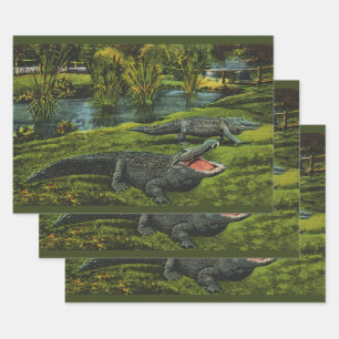 Krokodillen, Vintage Zeeleven Reptielen Dieren Inpakpapier Vel