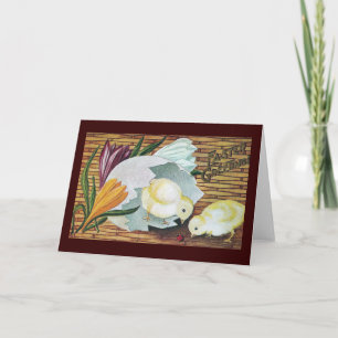Krokussen, Kuikens en Lieveheersbeestje Vintage Feestdagen Kaart