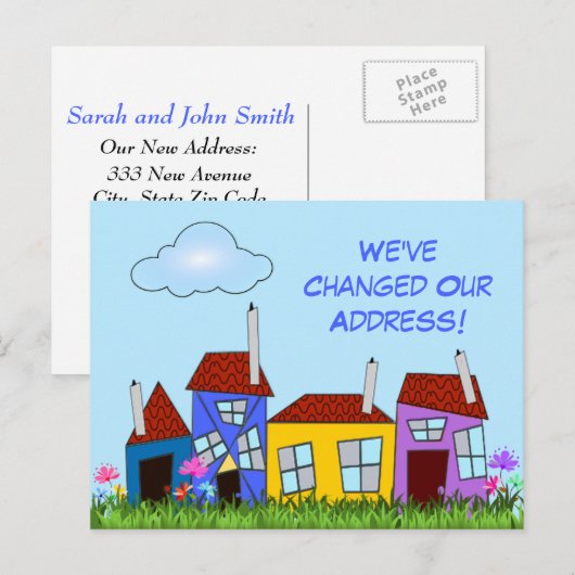 Kromme huizen en bloemen "We zijn verhuisd" Briefk Aankondigingskaart (Voorkant / Achterkant)