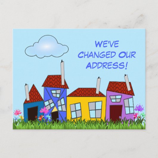 Kromme huizen en bloemen "We zijn verhuisd" Briefk Aankondigingskaart (Voorkant)