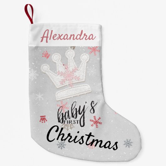 Kronen en Roze Sneeuwvlokken Eerste Kerstmis Kleine Kerstsok (Voorkant)