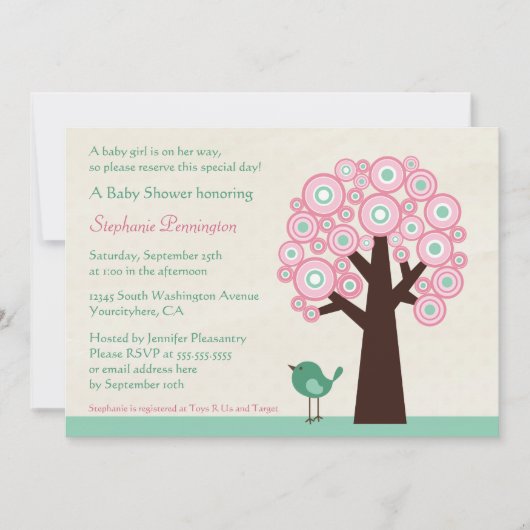 Kronkelboom en baby shower van vogels kaart (Voorkant)