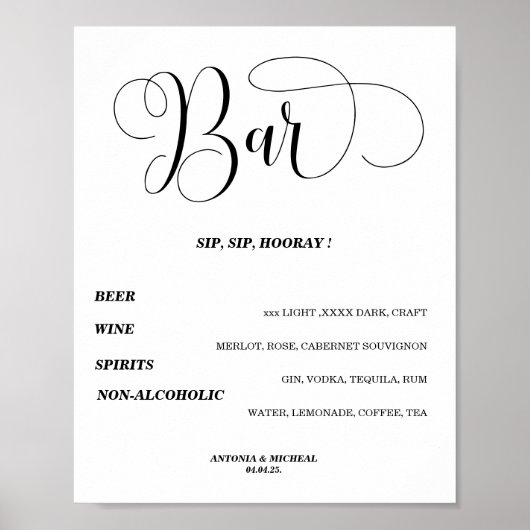 Kronkelend Open bar Menu bruiloft bord Poster (Voorkant)