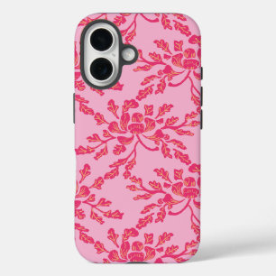 Kronkelende Pioen Houtsnede in Roze en Oranje iPhone 16 Hoesje