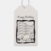 Kronkelende witte kat op pianobars van Muzieknoten Cadeaulabel (Achterkant)