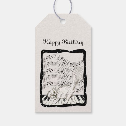 Kronkelende witte kat op pianobars van Muzieknoten Cadeaulabel (Achterkant)
