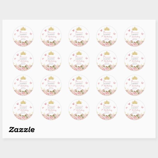 Kroon | Butterflies Floral Princess 1st Birthday Ronde Sticker (Vel)