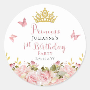 Kroon   Butterflies Floral Princess 1st Birthday Ronde Sticker