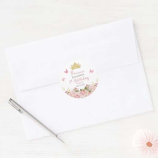 Kroon | Butterflies Floral Princess 1st Birthday Ronde Sticker (Envelop)