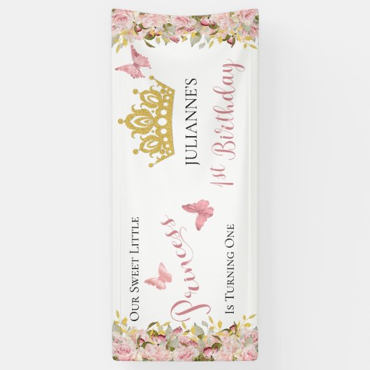 Kroon | Butterflies Floral Princess 1st Birthday Spandoek (Verticaal)