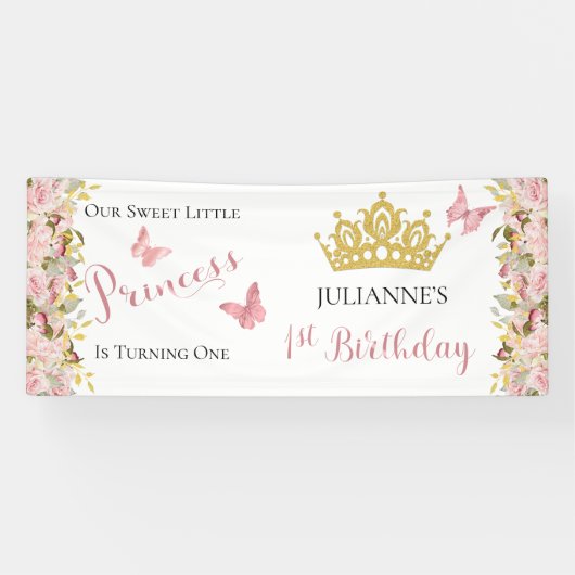Kroon | Butterflies Floral Princess 1st Birthday Spandoek (Horizontaal)