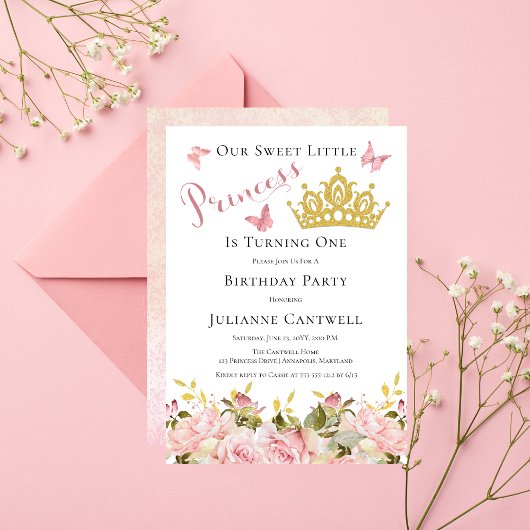 Kroon | Butterflies Floral Princess 1ste verjaarda Kaart