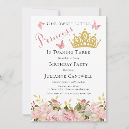 Kroon | Butterflies Floral Princess 3rd Birthday I Kaart (Voorkant)