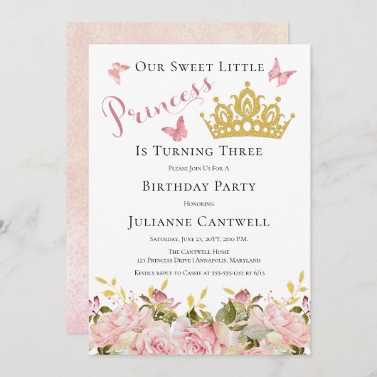 Kroon | Butterflies Floral Princess 3rd Birthday I Kaart (Voorkant / Achterkant)