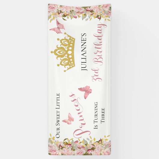 Kroon | Butterflies Floral Princess 3rd Birthday Spandoek (Verticaal)