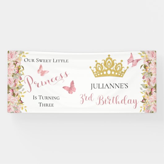 Kroon | Butterflies Floral Princess 3rd Birthday Spandoek (Horizontaal)