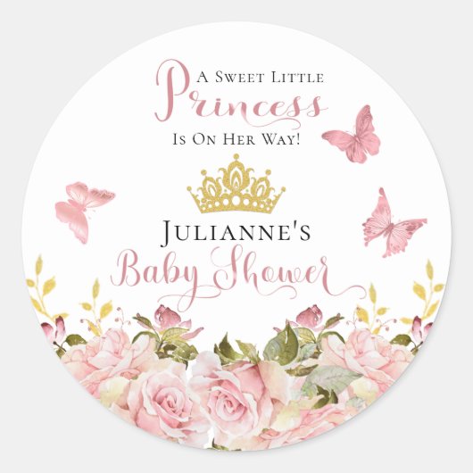 Kroon | Butterflies Floral Princess Baby shower Ronde Sticker (Voorkant)