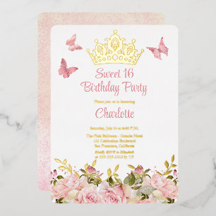Kroon   Butterflies Pink Floral Sweet 16 Birthday Folie Uitnodiging