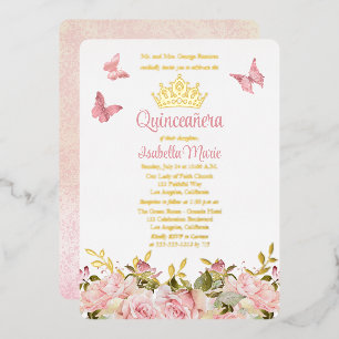 Kroon   Butterflies Pink Rose Floral Quinceañera Folie Uitnodiging