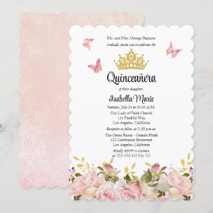 Kroon   Butterflies Pink Rose Floral Quinceañera Kaart