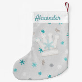 Kroon en blauwe sneeuwvlokken eerste kerststop kleine kerstsok (Achterkant)