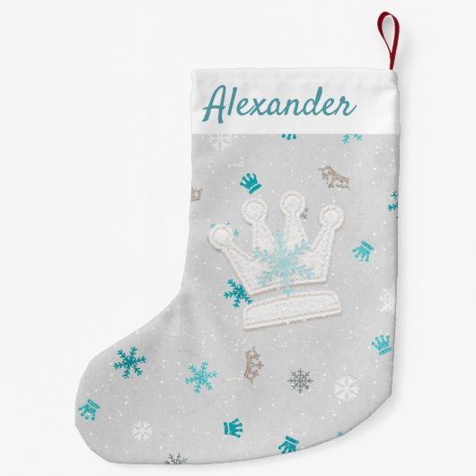 Kroon en blauwe sneeuwvlokken eerste kerststop kleine kerstsok (Achterkant)