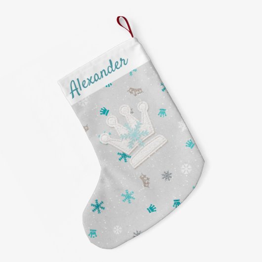 Kroon en blauwe sneeuwvlokken eerste kerststop kleine kerstsok (Achterkant (Hangend))