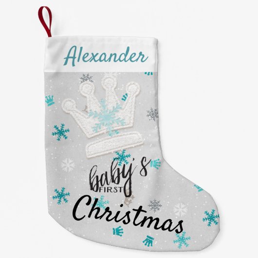 Kroon en blauwe sneeuwvlokken eerste kerststop kleine kerstsok (Voorkant)