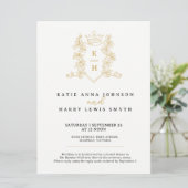 Kroon en foilage bruiloft zwart goud op wit kaart (Staand voorkant)