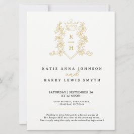 Kroon en foilage bruiloft zwart goud op wit kaart