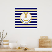 Kroon en Golden Anchor op blauw & wit Poster (Keuken)