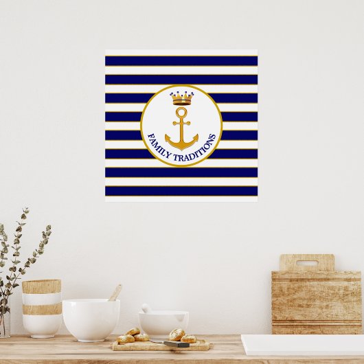 Kroon en Golden Anchor op blauw & wit Poster (Keuken)