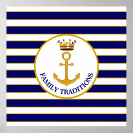 Kroon en Golden Anchor op blauw & wit Poster