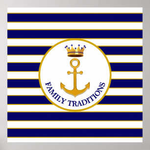 Kroon en Golden Anchor op blauw & wit Poster