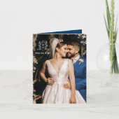 Kroon hart monogram blauw wit bruiloft foto bedankkaart (Voorkant)