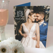 Kroon hart monogram blauw wit bruiloft foto bedankkaart