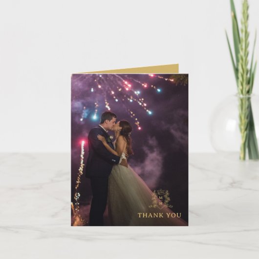 Kroon hart monogram goud wit bruiloft foto bedankkaart (Voorkant)