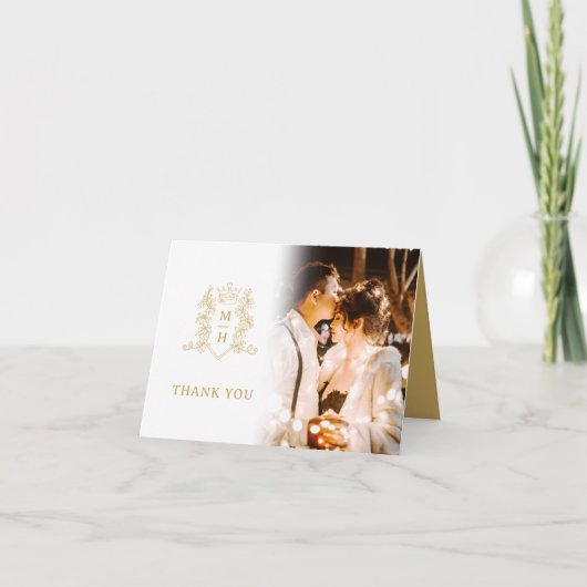 Kroon hart monogram goud wit bruiloft foto's bedankkaart (Voorkant)