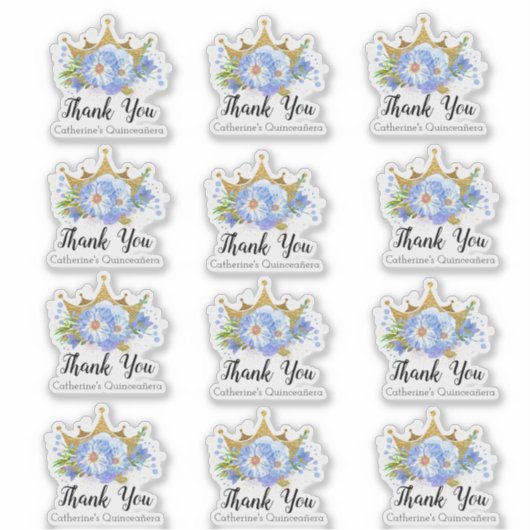 Kroon met Blauwe Bloemen Quinceañera Dank u Set Sticker (Voorkant)