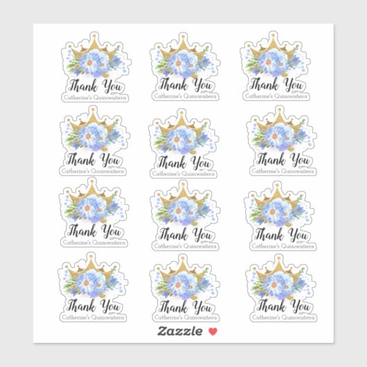 Kroon met Blauwe Bloemen Quinceañera Dank u Set Sticker (Vel)
