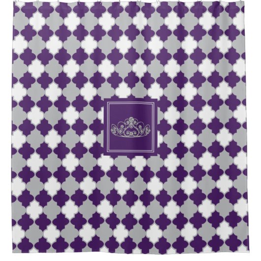 Kroon met Plum Paars, Grey and White Quatrefoil Douchegordijn (Voorkant)